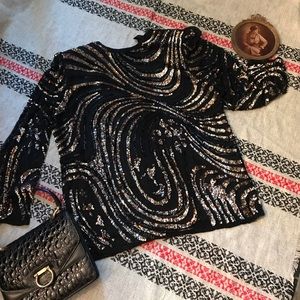 Vintage Oleg Cassini Evening PS sequin beaded top blk gold